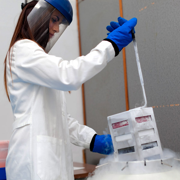 Image of a woman wearing protective gear pulling a device out of a liquid gas