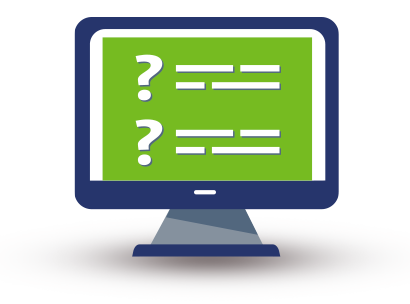 Decorative icon of a computer showing an online quiz