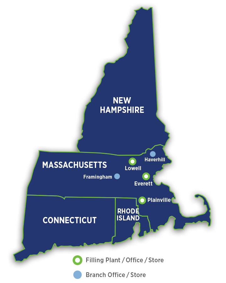Graphic of a New England map with the Middlesex Gases office locations