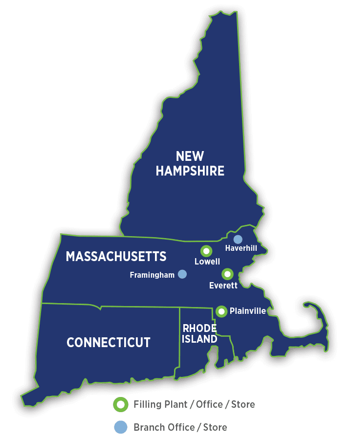 Graphic of a New England map with the Middlesex Gases office locations