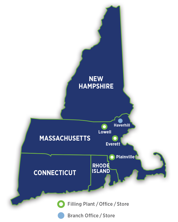 Graphic of a New England map with the Middlesex Gases office locations