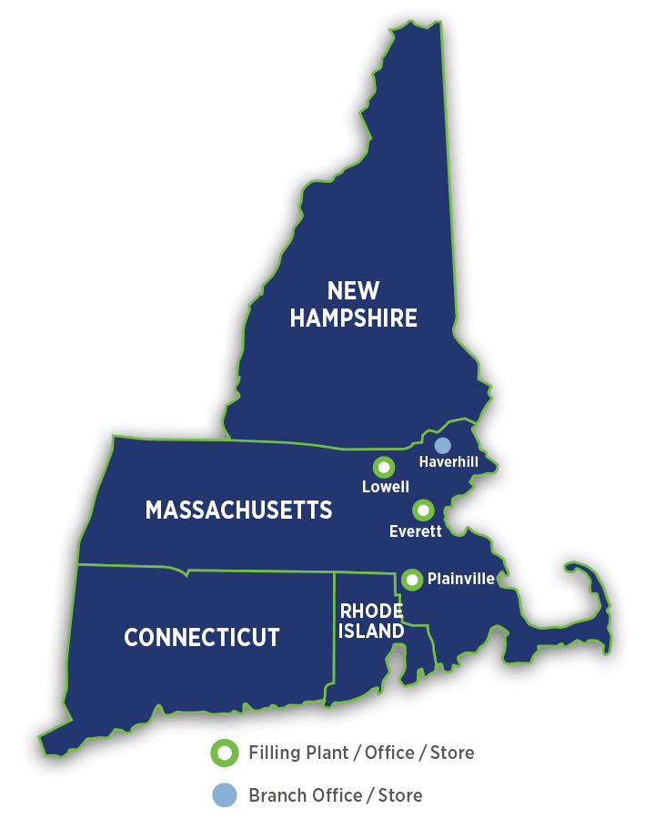 Graphic of a New England map with the Middlesex Gases office locations