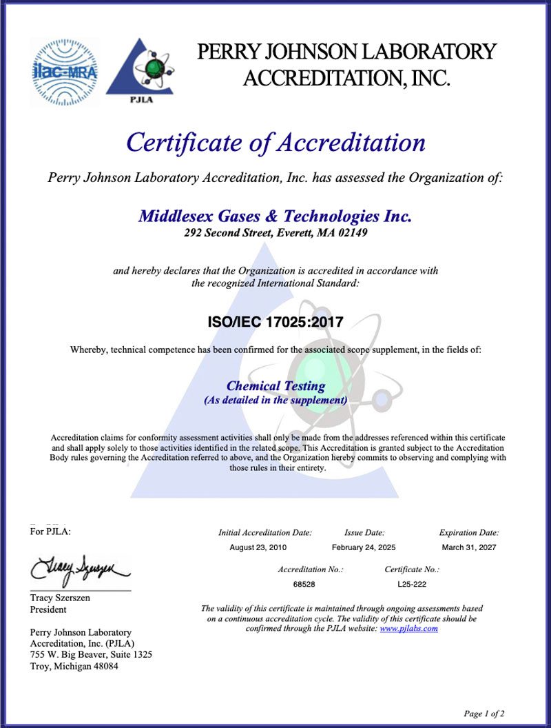 Image of Middlesex Gases L25-222 certificate of accreditation