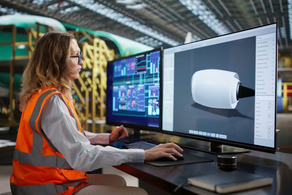 Industrial worker examining aerospace design models on computer monitors